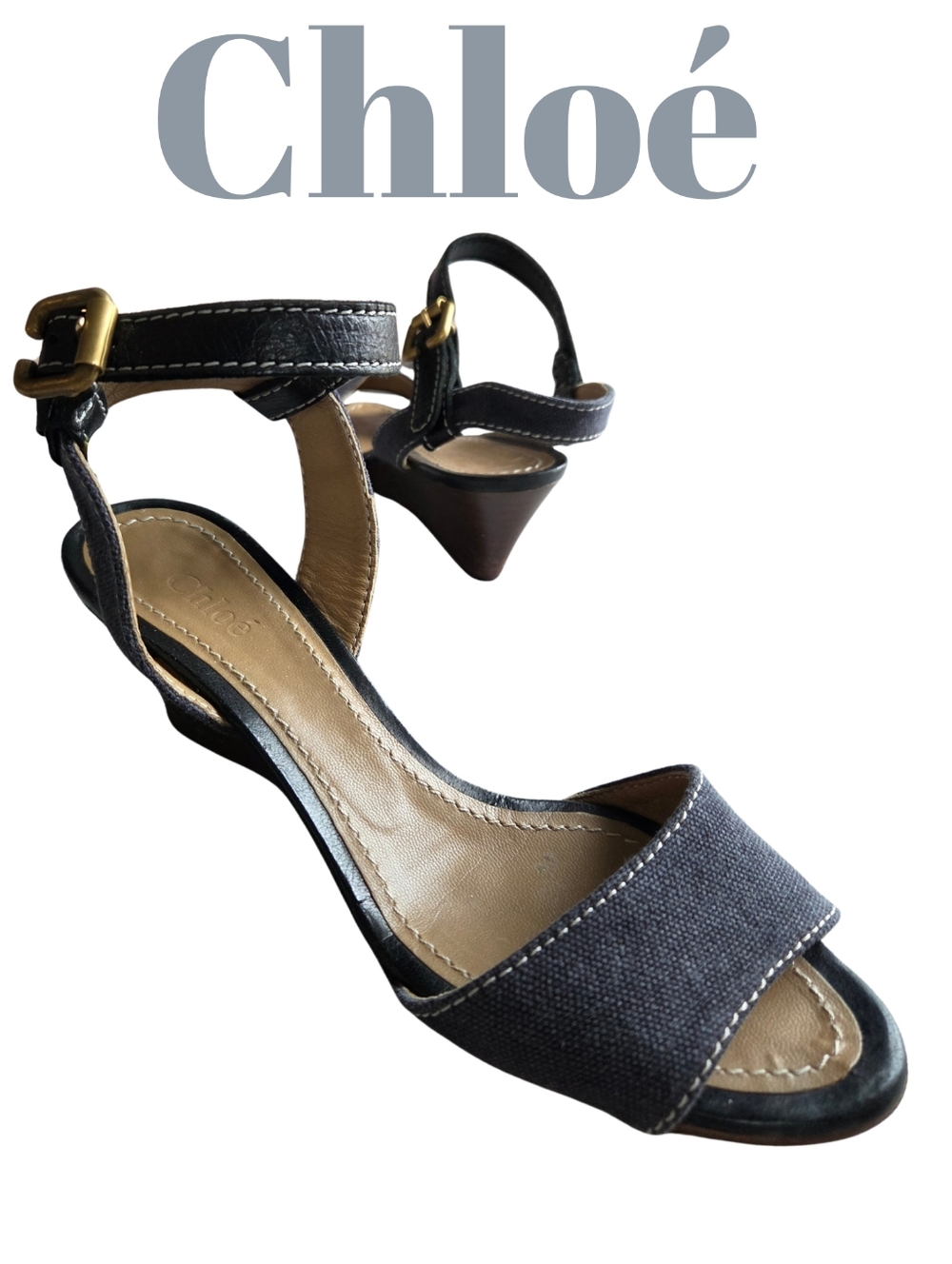 Chloé Denim Canvas Sandal Wooden Low Wedge Heel Adjust Ankle Strap Versatile 37